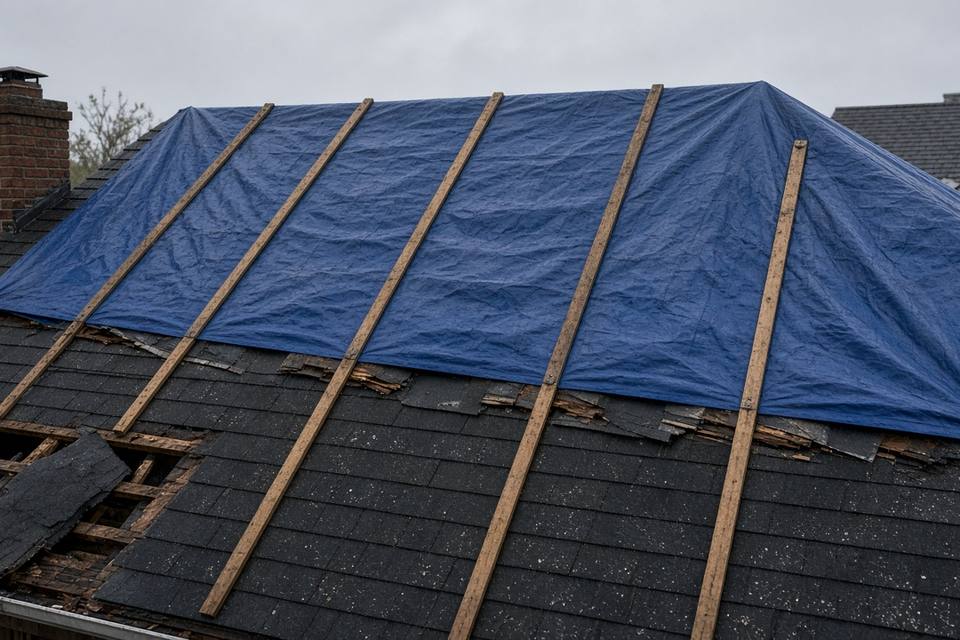 Blue tarp battened down over a storm-damaged shingle roof