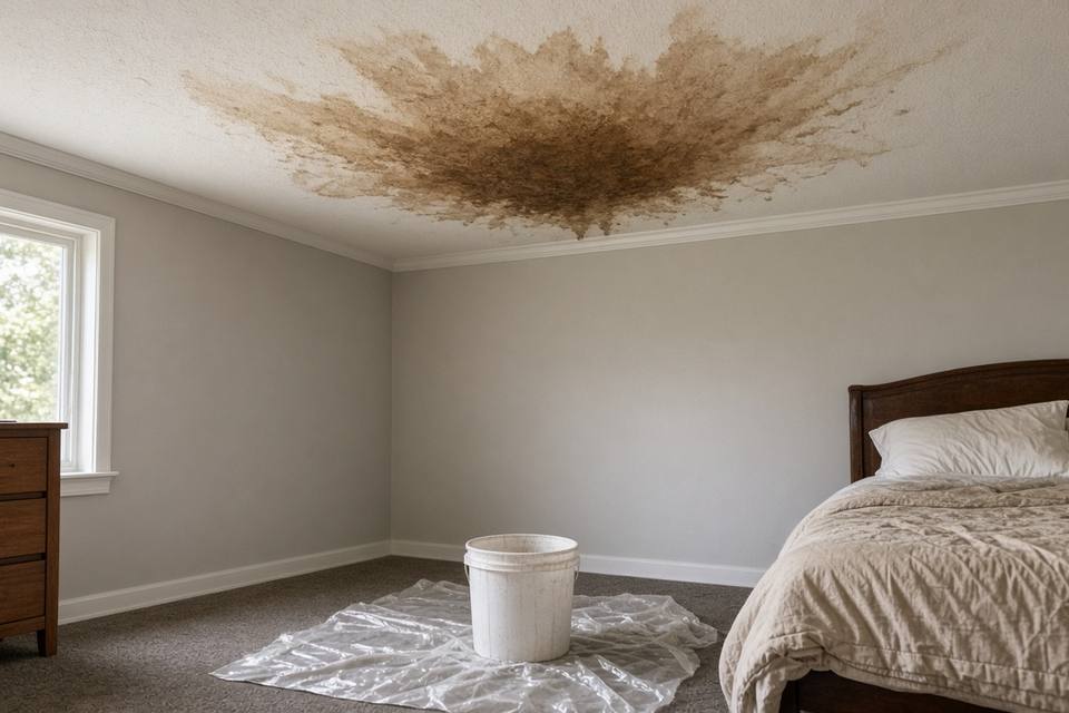 Water stain on a bedroom ceiling with a bucket on plastic sheeting below