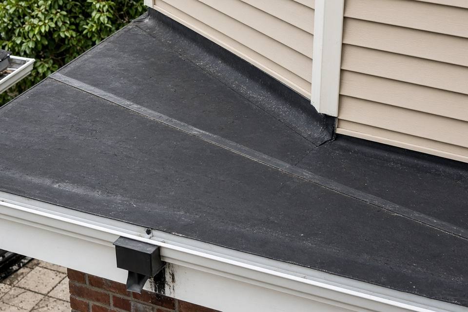 Low-slope roof membrane meeting a sided wall