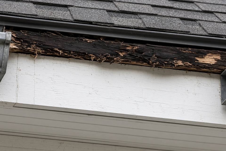Rotted fascia board behind a gutter at the roof edge