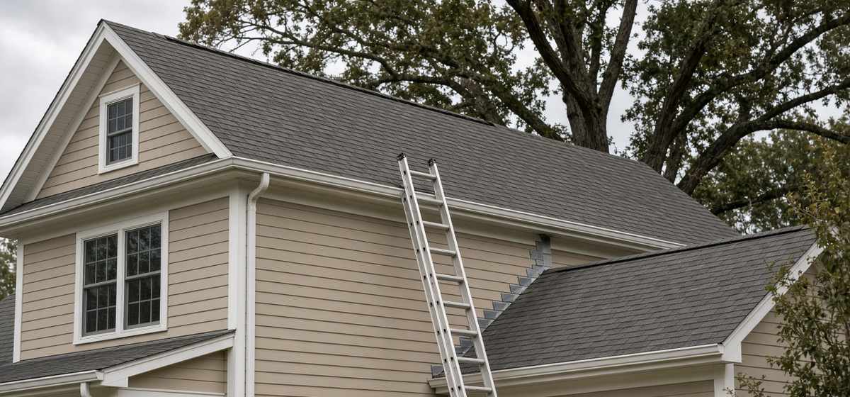 Two-story house with a gray shingle roof and a ladder set against the lower roof