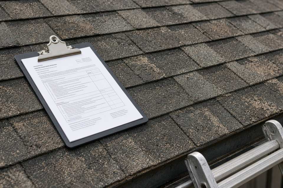 Inspection checklist on a clipboard resting on a shingle roof