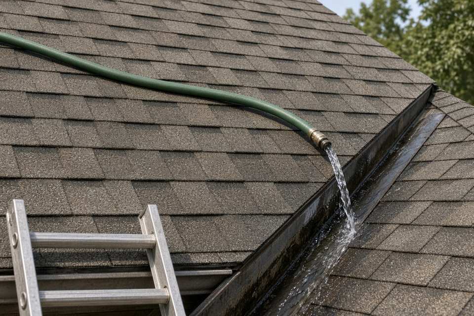 Garden hose running water into a roof valley for a leak test