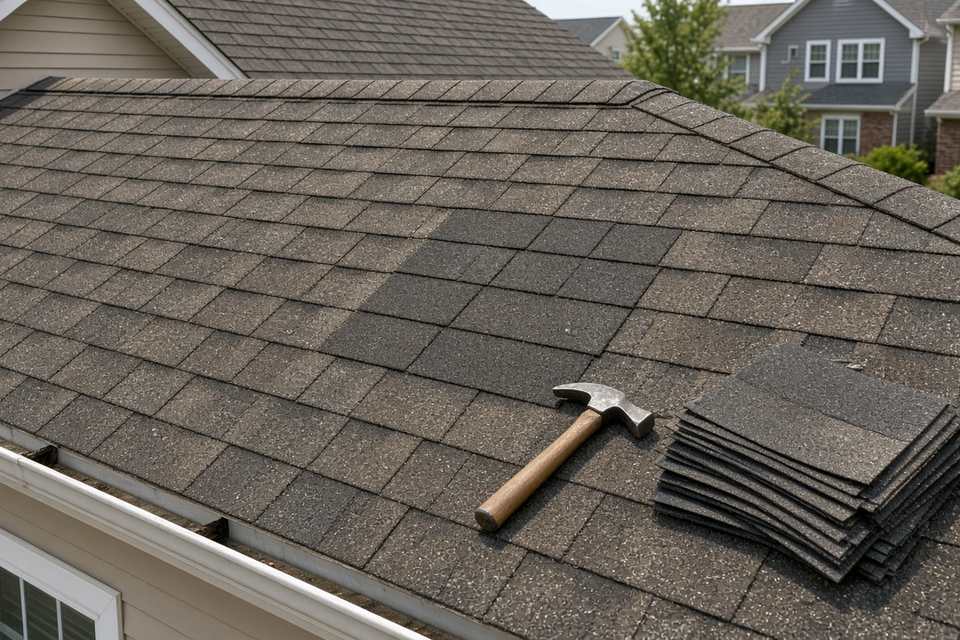 Shingle roof with a patch of new shingles, a hammer, and a stack of replacement shingles