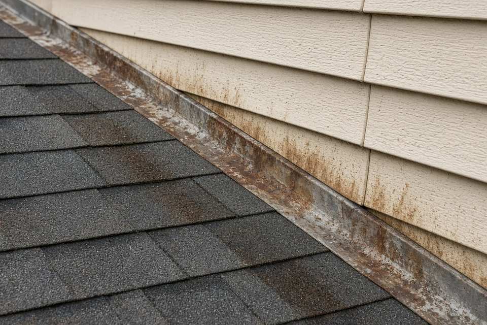 Rusted flashing where a shingle roof meets a sided wall