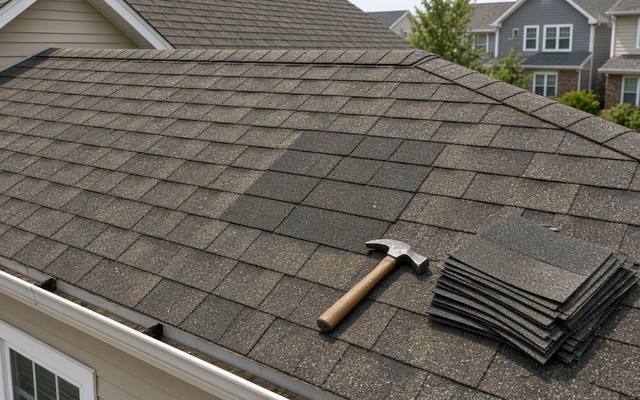 Shingle roof with a patch of new shingles, a hammer, and a stack of replacement shingles