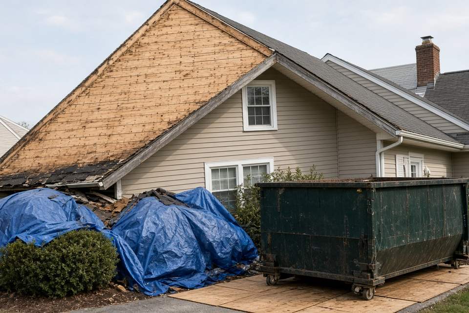 Roof stripped down to the wood deck during a tear-off