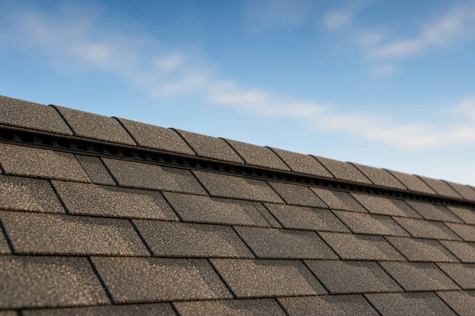Ridge vent capped with shingles along a roof peak
