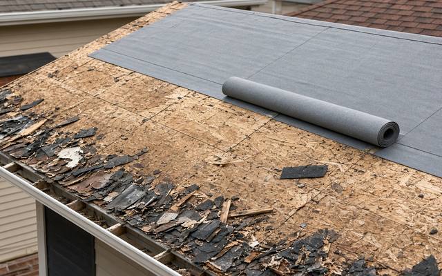 Roof stripped down to the wood deck during a tear-off