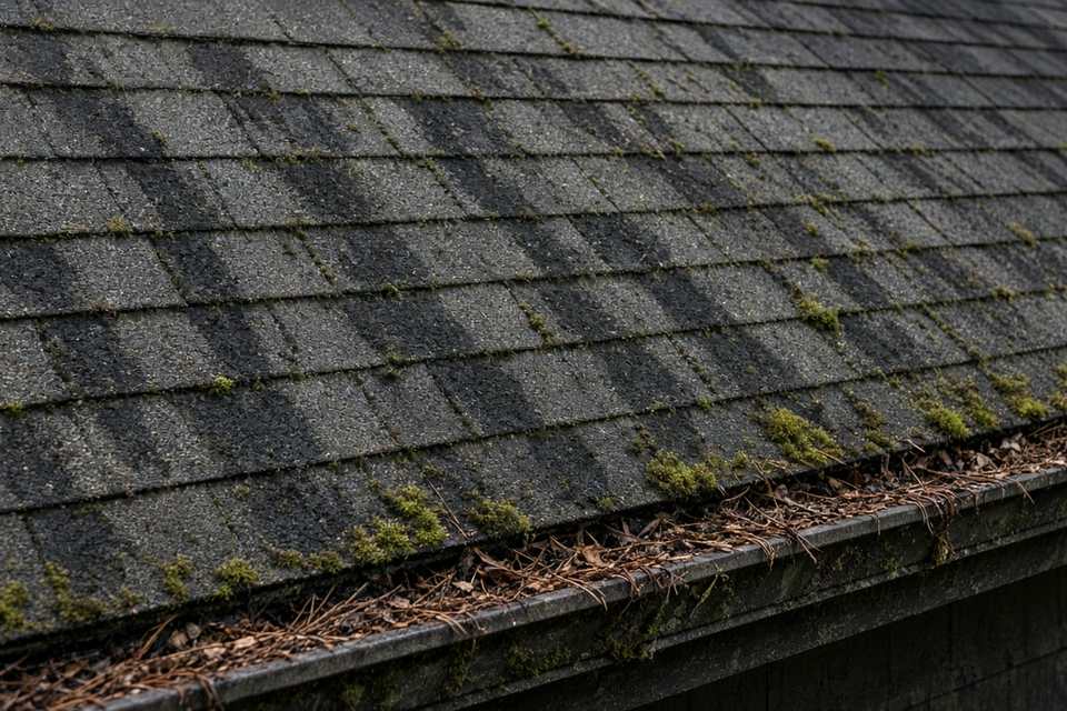 Moss and algae streaks on a shingle roof above a gutter full of needles