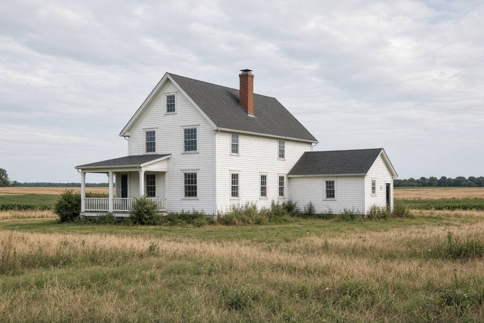 White clapboard farmhouse with a rear addition in an open field
