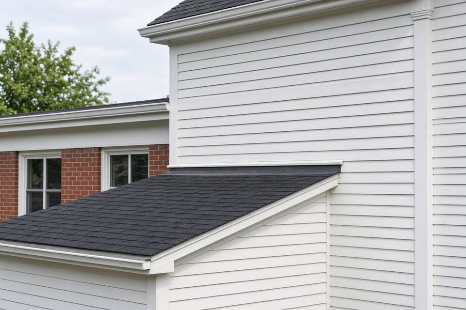Low-slope addition roof meeting a taller white clapboard wall