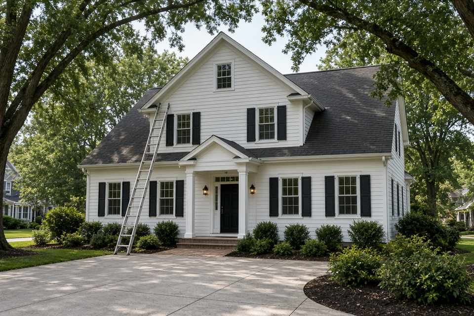 White two-story colonial with black shutters and a ladder against the eave
