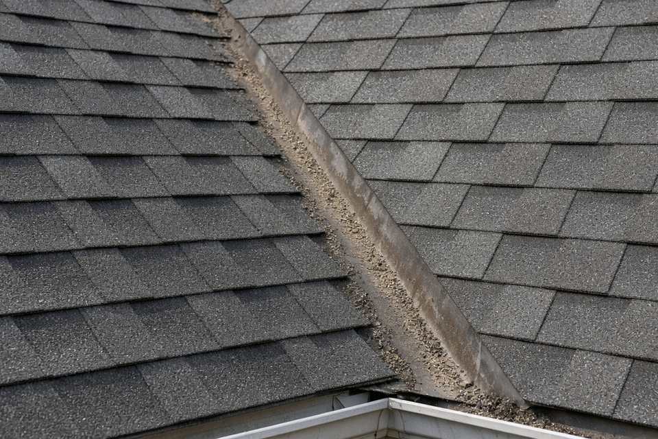 Close view of a metal roof valley with granules washed into it