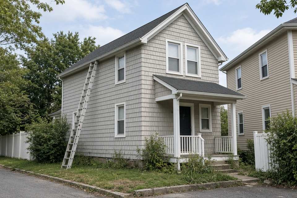 Small two-story frame house with a front porch and a ladder at the gable end