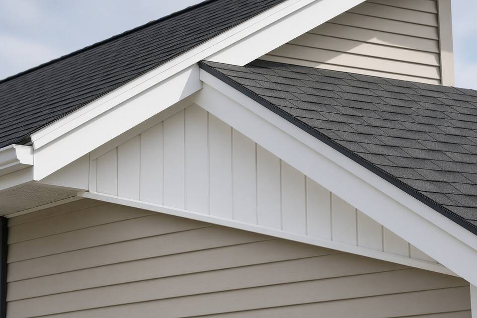 White gable rake trim and drip edge on a shingle roof