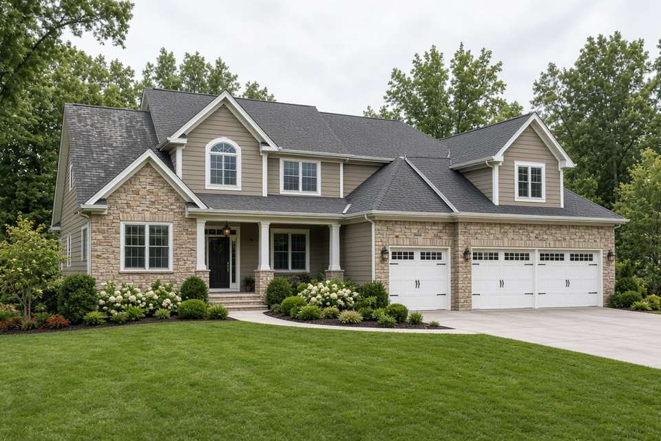 Large two-story house with a stone front, hip and gable roof, and a three-car garage
