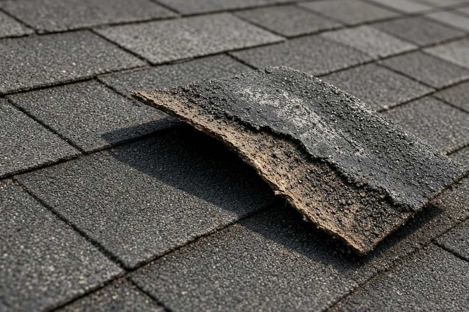 Curled shingle tab worn bare of granules