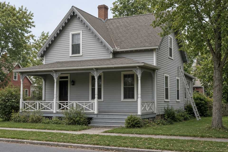 Gray frame house with decorative gable trim, a front porch, and a ladder at the side