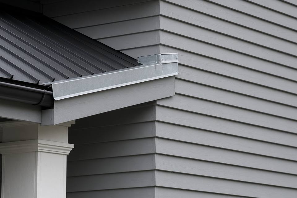 Metal porch roof meeting a gray clapboard wall, with flashing at the junction