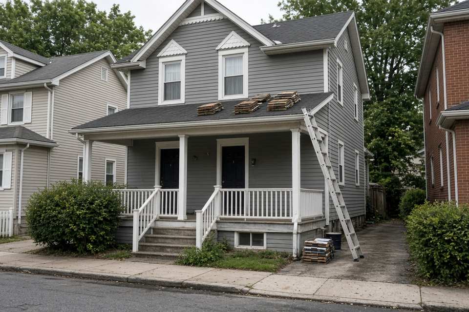 Two-family frame house with shingle bundles on the porch roof and a ladder at the side