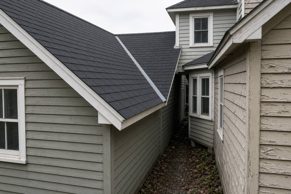 Two close-set houses with a shingle roof valley between the walls