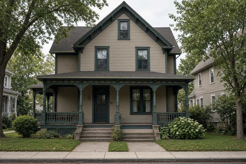 Victorian house with a full-width front porch and dark green trim