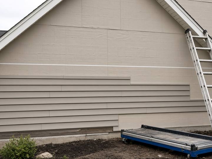 Siding courses being run up a gable wall, with a ladder and a work table