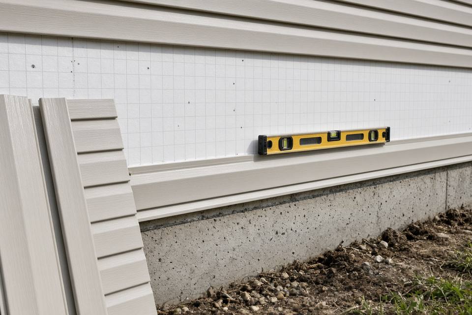 First siding course set above a foundation, with a level on the housewrap