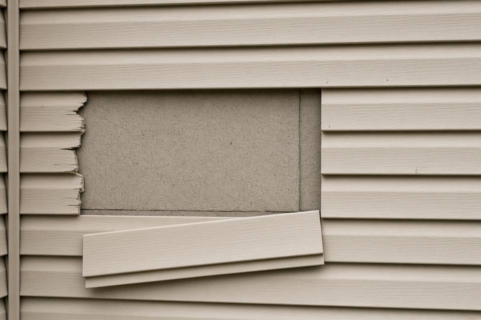 Section of vinyl siding removed from a wall, with a loose panel below the opening