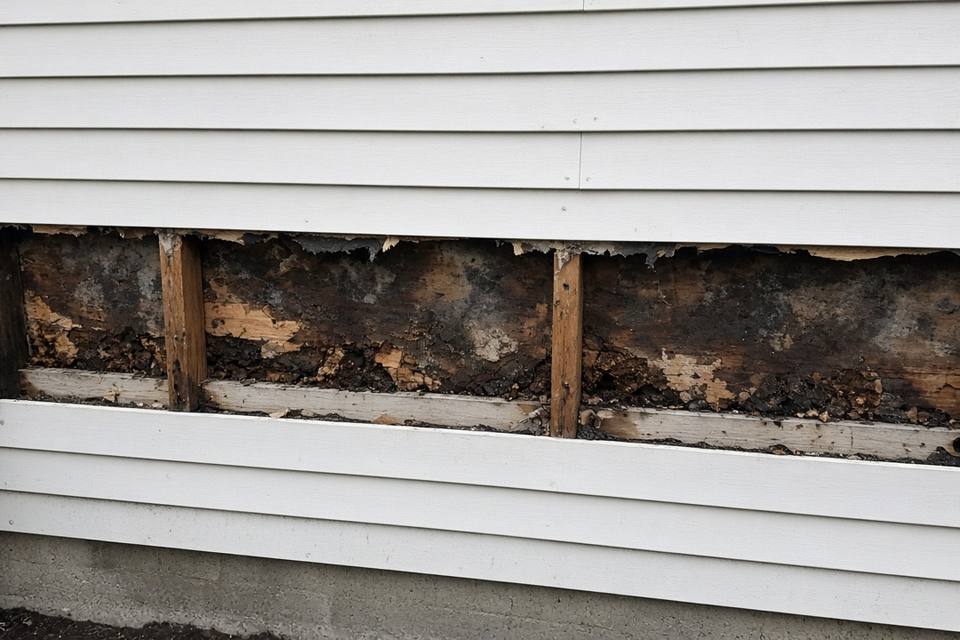 Siding opened up to show rotted, water-stained sheathing behind it