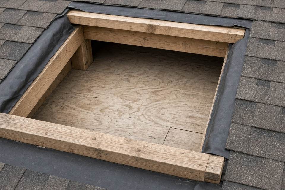 Framed skylight opening in a shingle roof with underlayment around the curb