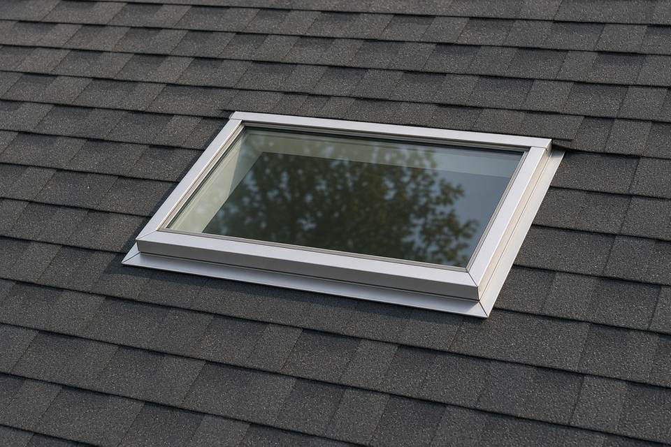 Flashed skylight set in a dark shingle roof