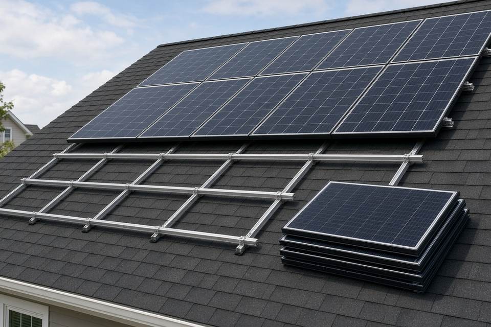 Solar panels partly removed from a shingle roof, with racking rails exposed and panels stacked