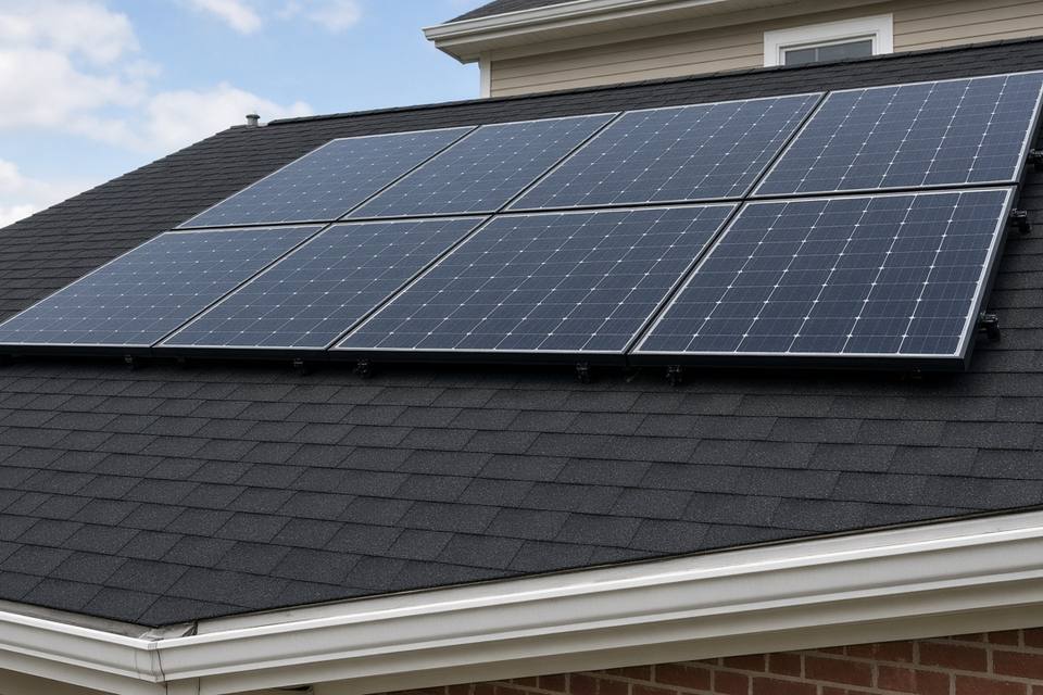 Solar panel array mounted on a dark shingle roof