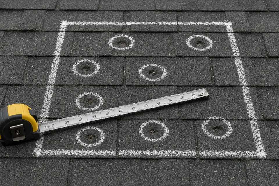 Chalked test square with circled hail hits on a shingle roof, tape measure for scale