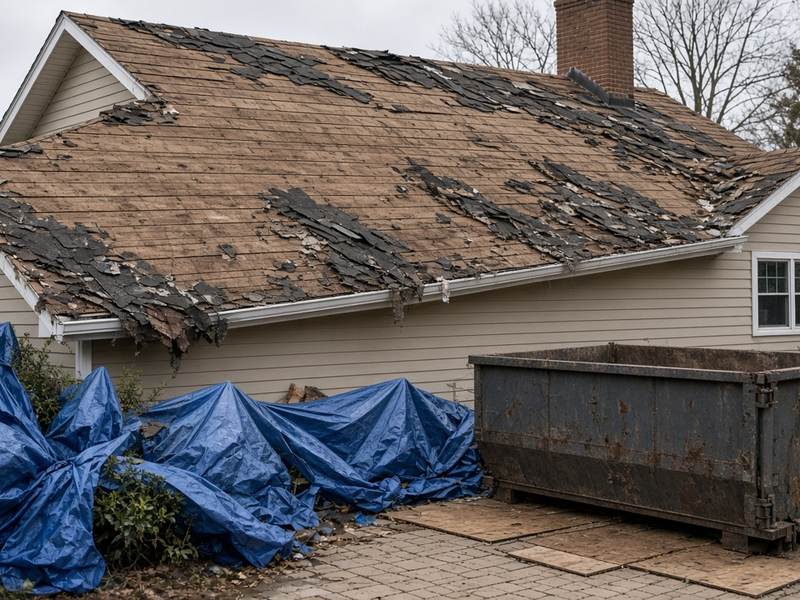Roof tear-off in progress, with tarps over the shrubs and a dumpster in the drive