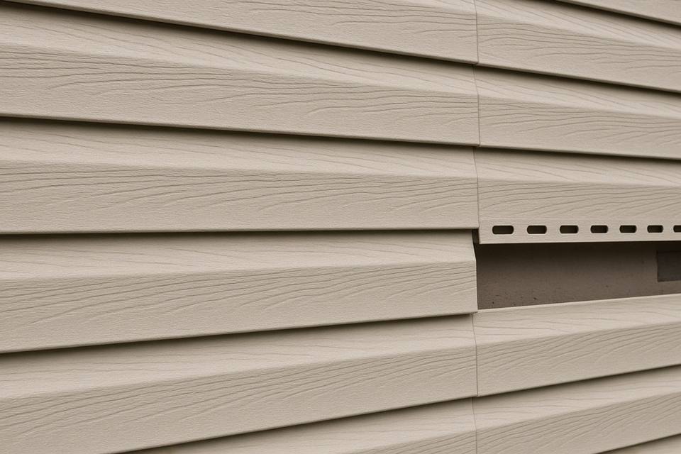 Close view of beige vinyl siding courses with a nailing hem exposed