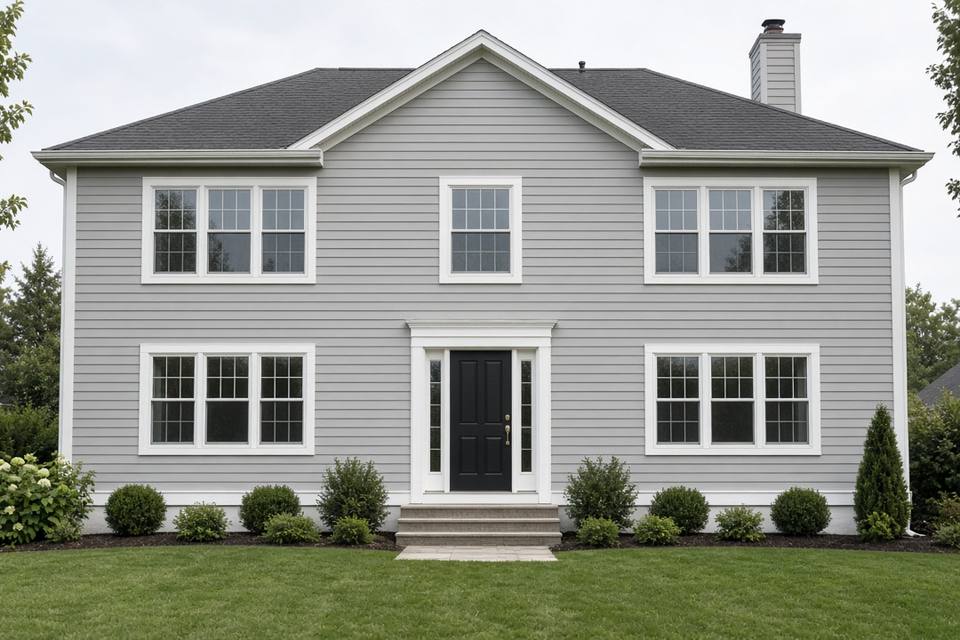 Two-story house in gray horizontal siding with white trim